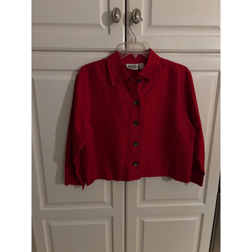 Chicosā Design Red Silk Embroidered Peacock Button Down Shirt Womens Size 1 M